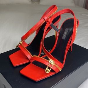 New Versace zipper safety pin detail Red gold leather open toe stiletto sz 40